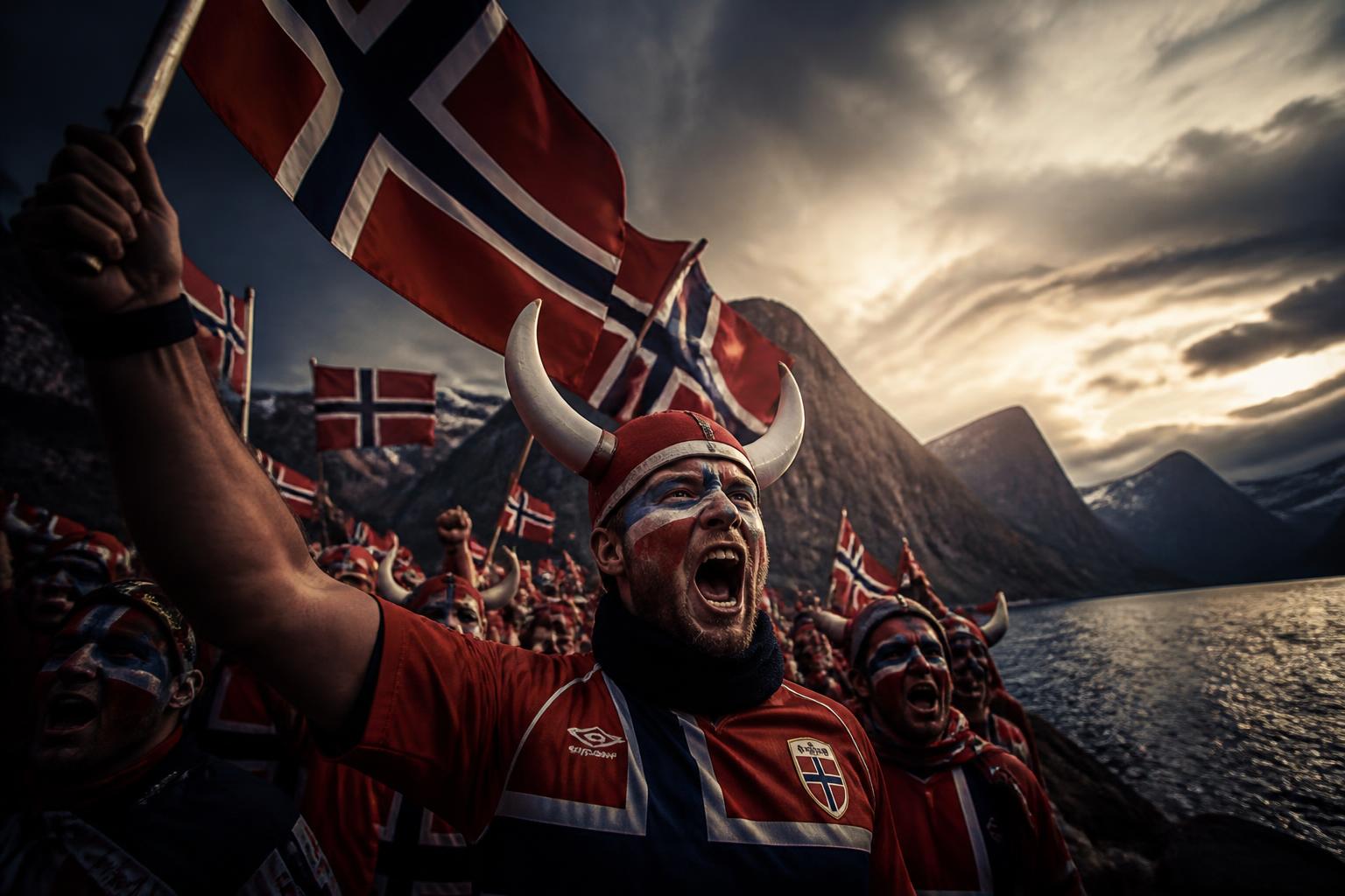 Norwegian football fans waving flags by a fjord